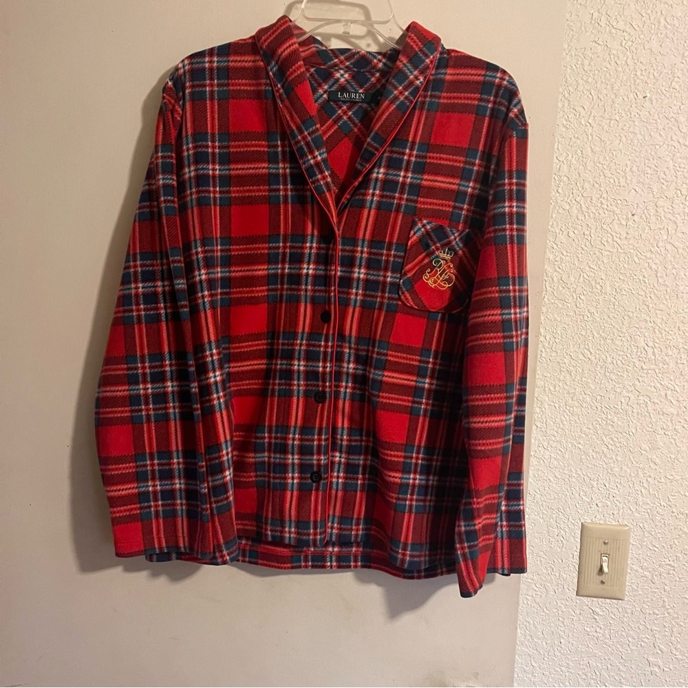 Lauren Ralph Lauren Womens XL Red Plaid Fleece Button Up Pajama Top Crest Logo